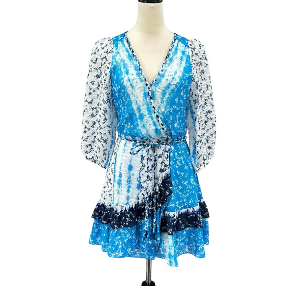 Tanya Taylor Marissa Patchwork Blue Floral Puff Sleeve Flounce Spring Mini Dress